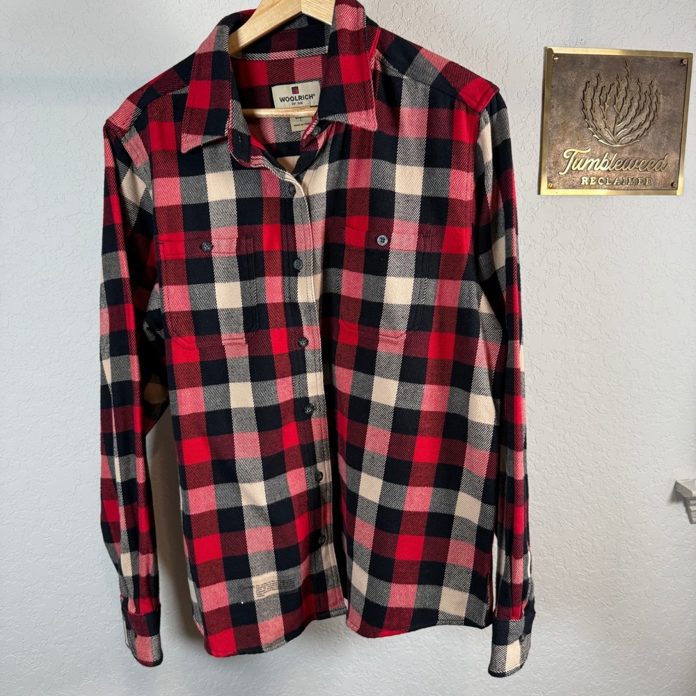 WOOLRICH Womens Red Black Tan Plaid Flannel Shirt Long Sleeve Button Up Size L